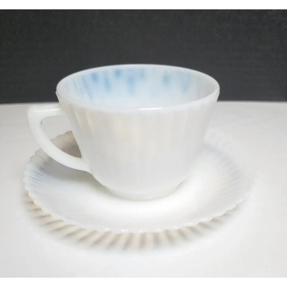 Vintage MacBeth Evans Teacup &‎ Saucer Set Opalescent Depression Glass Petalware